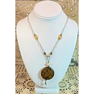 Earth Tones Brown & Gold Granite Stone on Beaded Silver Tone Necklace 21"